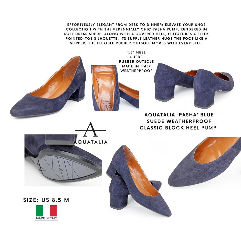 Aquatalia ‘Pasha’ Blue Suede Weatherproof Classic Block Heel Pump